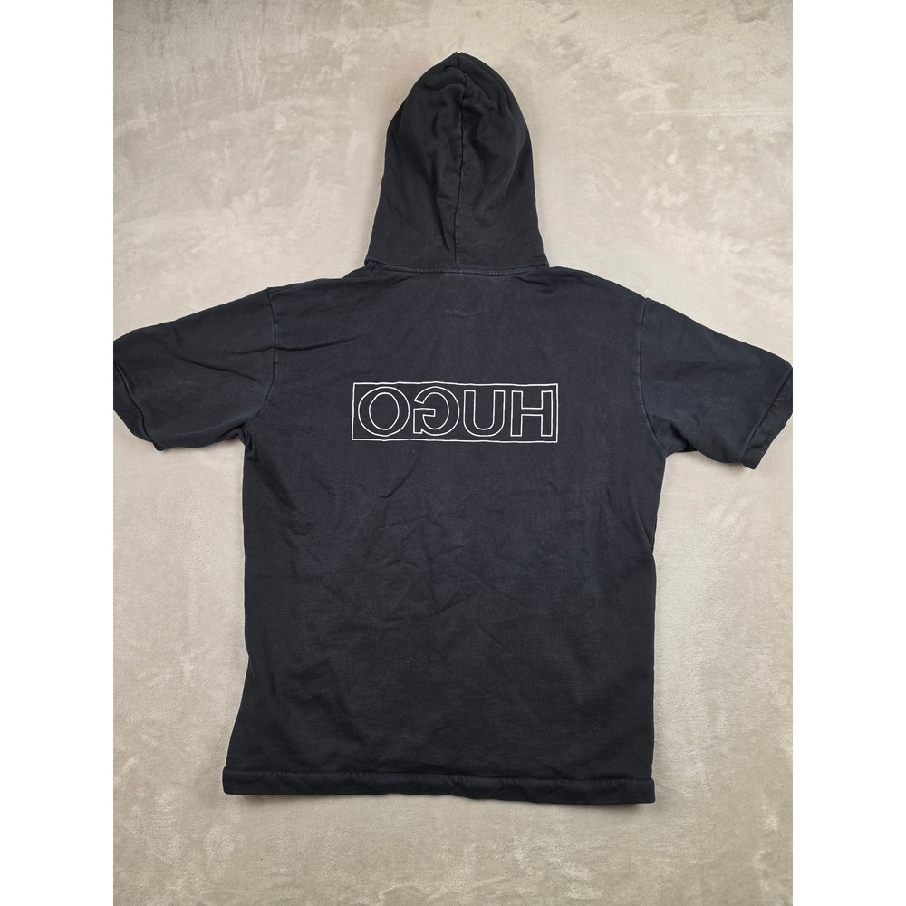 HUGO Short Sleeve Hoodie Mens XL Black Pullover Kangaroo Pocket Sweatshirt *Read